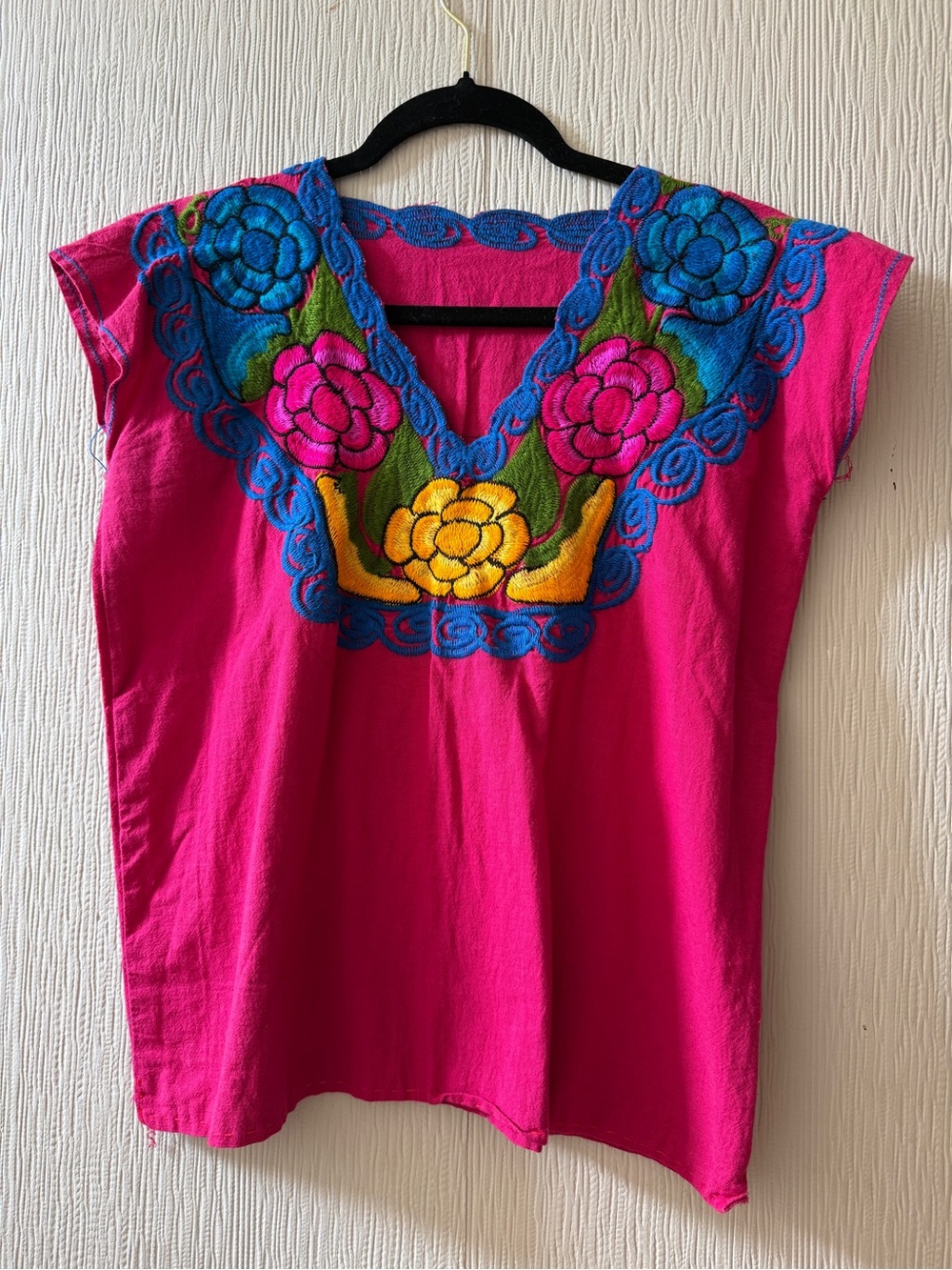 Hand-Embroidered Hot Pink Floral V-Neck Mexican Women's Top
